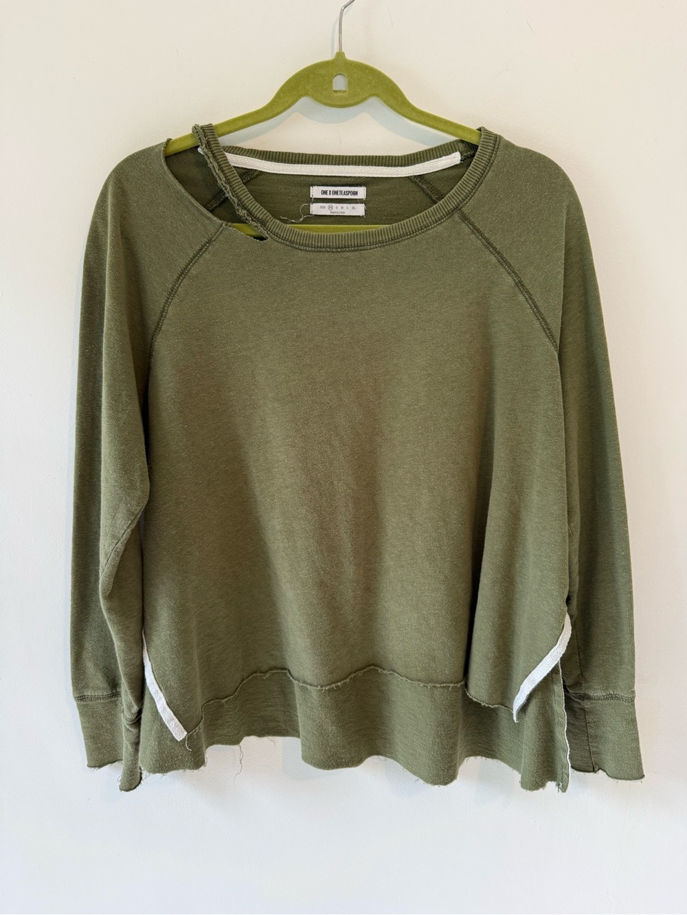 One Teaspoon Khaki Hemp Cotton Sweatshirt Distressed Raw Hem Pullover XS